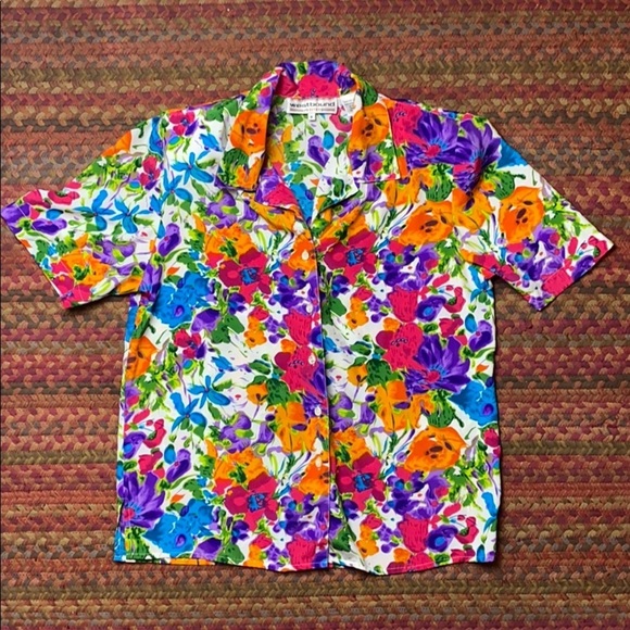 80s VINTAGE WATERCOLOR FLORAL BUTTON UP - Picture 1 of 4